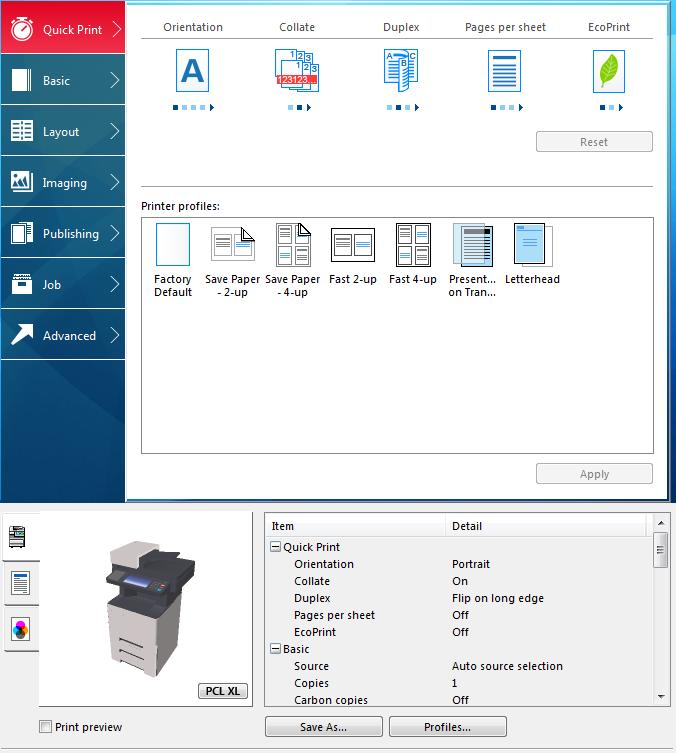 Driver Overview The lower panel of the Printing Preferences dialog box contains overview features that illustrate driver selections.