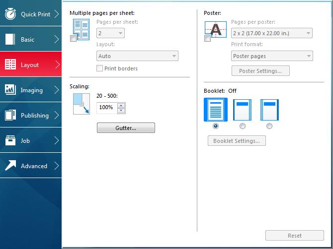 6 Layout In the Layout tab, you can arrange document data on printed pages without affecting the original document. To return to the original settings, click Reset.