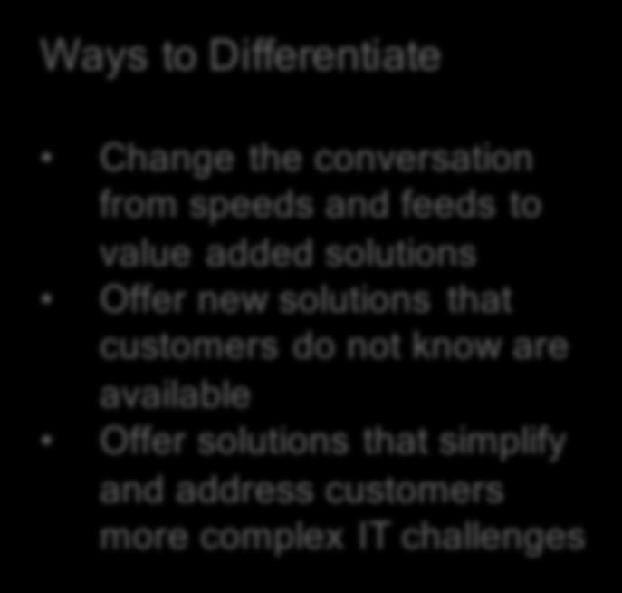 conversation from speeds and feeds to value added solutions Offer new solutions that customers do not know are available