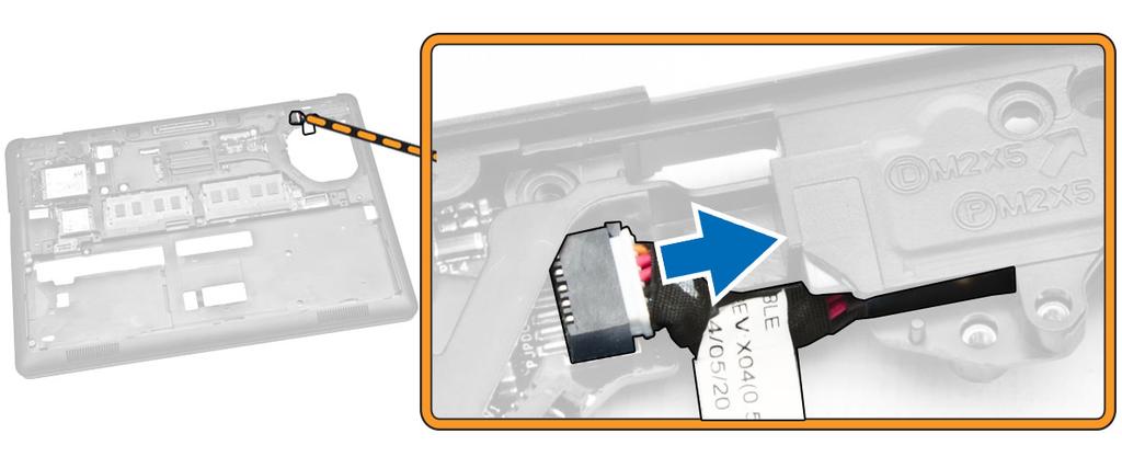 4. Perform the following steps: a. Flip the computer. b. Remove the screw to release the metal bracket on the power-connector port [1] [2]. c. Lift and remove the power-connector port from the computer [3].
