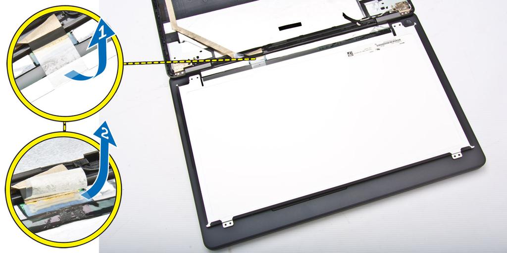 Remove the screws that secure the display panel to the display assembly [1] and lift to flip the display panel to