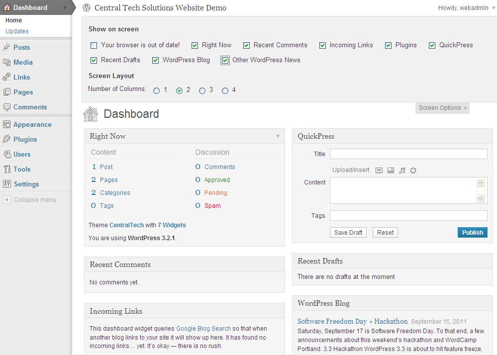 WordPress Dashboard After you log in you will see the Dashboard with all options. The list of options on the left side of the screen are the ones you will use most often.