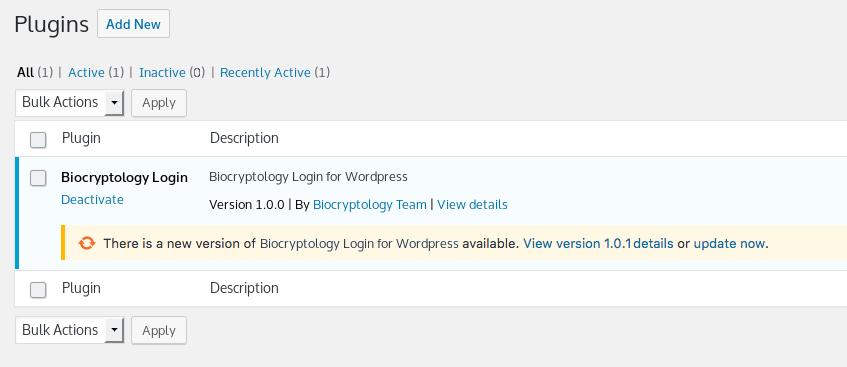 to update it. Whenever a new version of Biocryptology Login is available, it will be indicated in the Plugins menus from the WordPress dashboard. Picture 13.