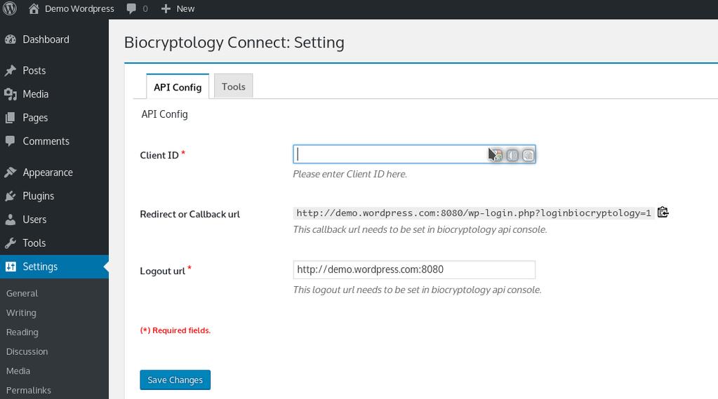 Login configuration options. Picture 18. Accessing the configuration section for Biocryptology Login in WordPress.