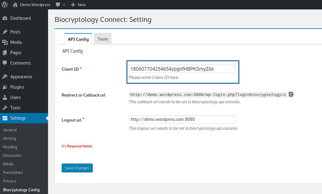 Biocryptology Login Configuration 9a. Go to the WordPress configuration. Then paste the plugin identifier (previously copied in step 7) in the Client ID field from the API Config tab. Picture 25.