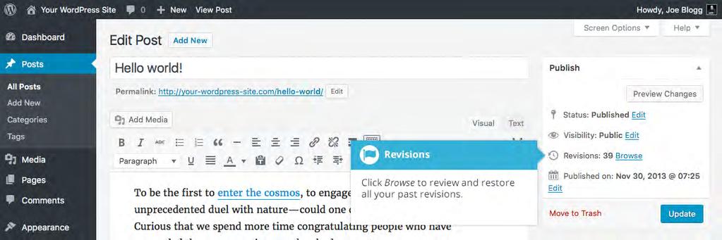 Reviewing Past Revisions When you re editing your Post or Page, the number of revisions for that particular Post or Page is shown in the Publish Panel, if you have any.