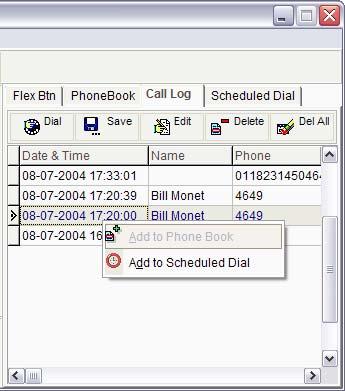 Figure 3.5.3 Call Log Folder The Tool bar at the top of the logs, allows the user to place a call and manage the Call Log database.