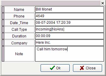 To add or edit a note or name to a record; click the Edit icon, type the note or name in the edit dialog box, Select OK to save in the Call Log.