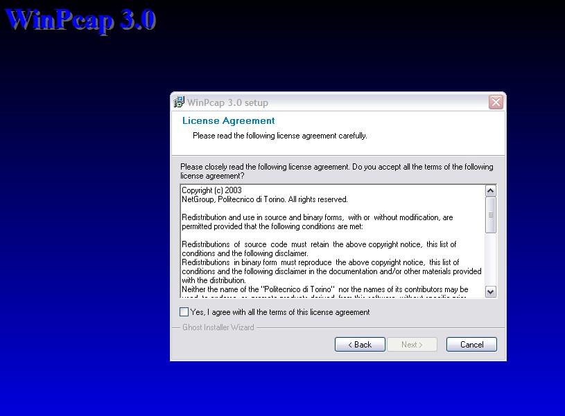 Once the ipecs Video/SoftPhone application has been installed, it is necessary to install WinPcap2_3.exe. You will be asked and must agree to the WinPcap license terms, Figure 2.