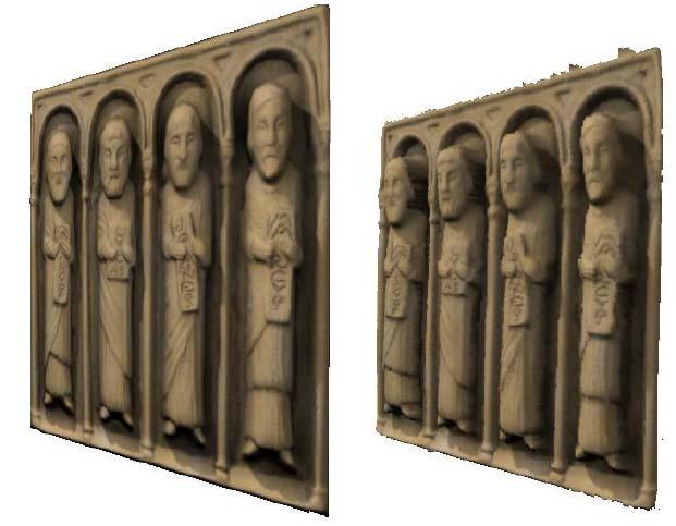 20 CHAPTER 2. STATE OF THE ART Figure 2.13: Color image rendered as a conventional texture (left) and relief texture mapped on one polygon (right).