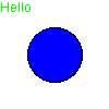 dw.drawtext(0, 0, Hello, 'green') >>> id = dw.circle(50, 50, 25, 'black', fill='blue') >>> dw.onclickcall(id, showmessage) When you run this code, a white window with a blue disk will appear.