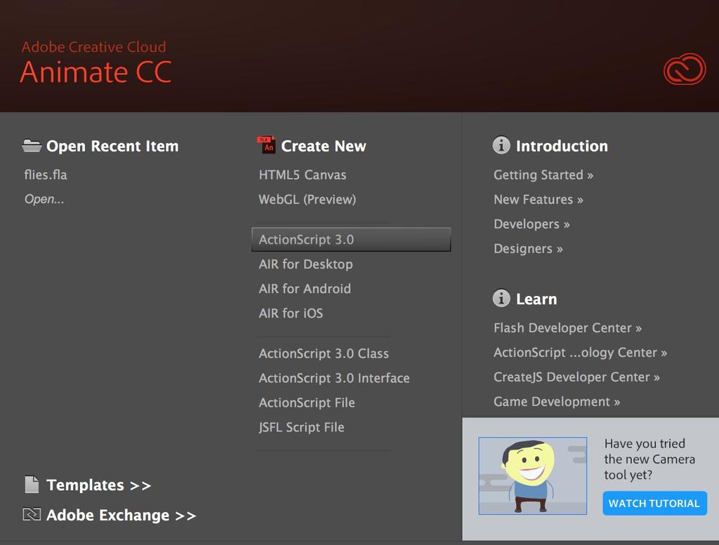-Open Animate -Under Create New - Select ActionScript 3.