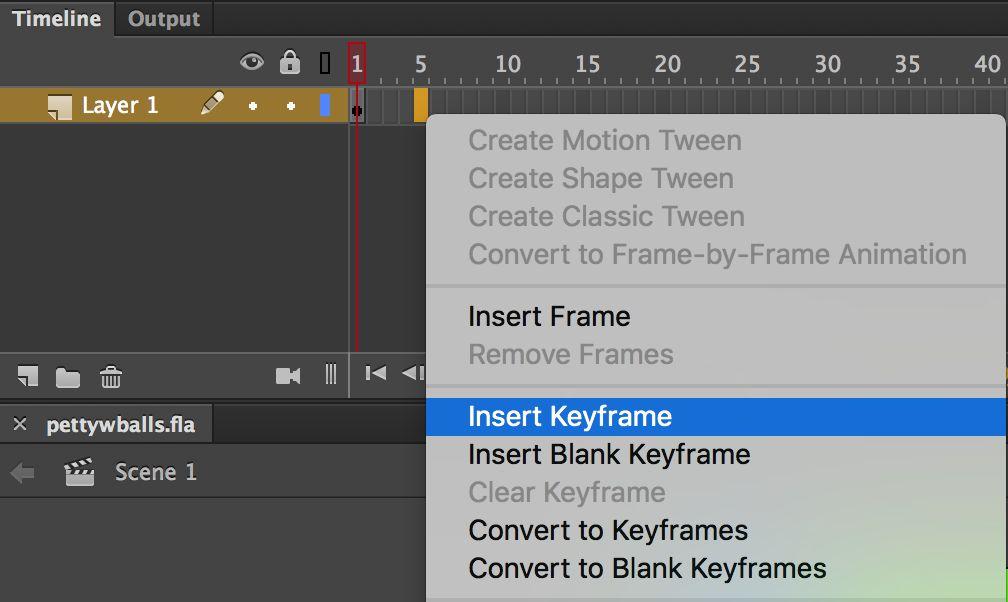 -Right click > Insert Keyframe (F6), on the highlighted frame 5 box in the Timeline -This will add a new keyframe (solid black dot) to the timeline at frame 5.