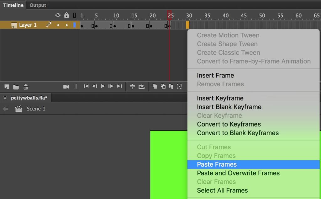 -Click on frame 30 on Layer 1 in the Timeline -Right click > Paste Frames -This will make a keyframe on frame 30, and now
