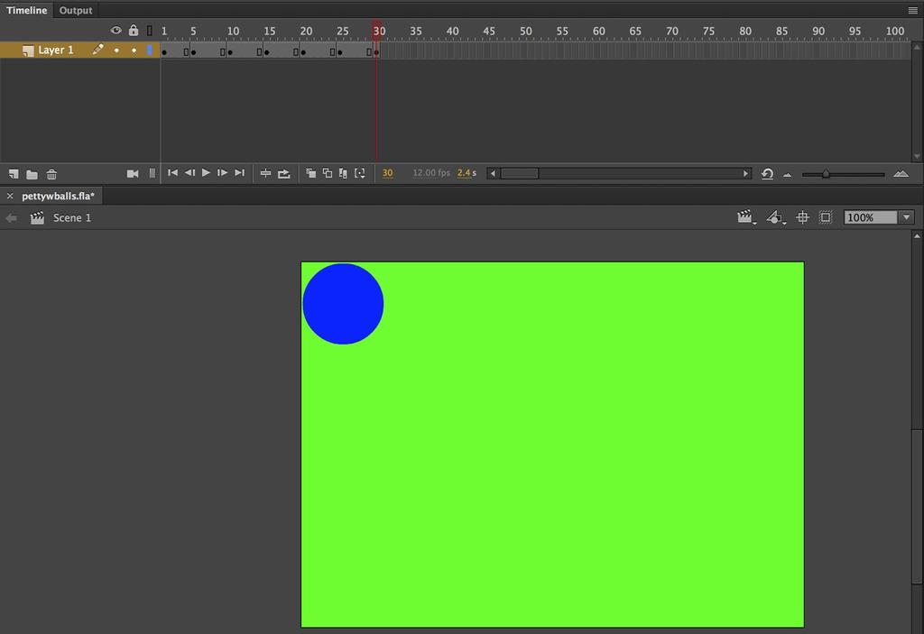 keyframe (black dot) individually (1, 5, 10, 15, 20, 25, 30) in the timeline and watch the ball on the stage to make sure