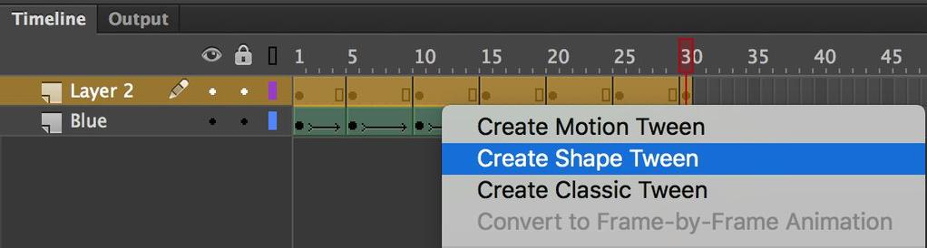 -Click on the square icon to left of the word Layer 2 in the Timeline -All frames from 1 to 30 on Layer 2 will now highlight -Position the mouse anywhere in the highlighted frames