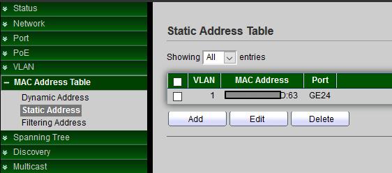 When administrator select checkbox MACs address and click Add Static Address button then selected MAC address will move to