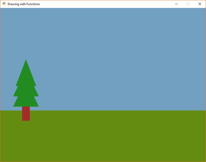 Great! Let s make this scene a little better. I ve created another function called draw_pine_tree which will...you guessed it. Draw a pine tree.