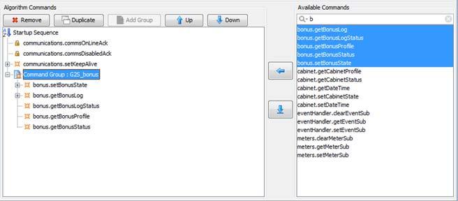 Only commands from the selected class are allowed in the group because the group gets sent to every device in the class. 4. To add commands to a group: a. Click to highlight the group. b. Select the command(s) you want to add from the Available Commands list.
