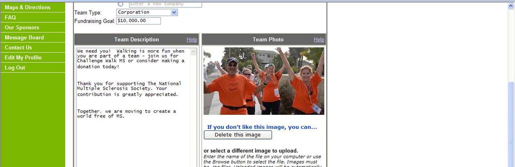 Step 3: Utilize this page to edit text and upload pictures to your Team Webpage.