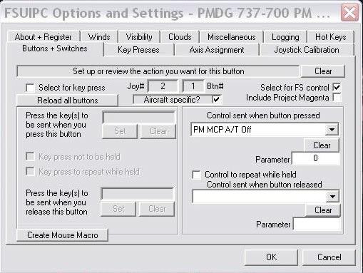 Go back to the main window of the simulator and choose Modules from the top menu, then choose FSUIPC. This time in the buttons and switches tab press one of the AT Disengage buttons of your throttle.