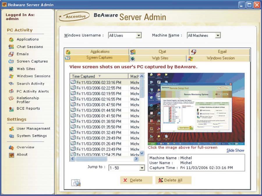Screen Captures Screen Captures tab displays all the screen shots on user s PC captured by BeAware.