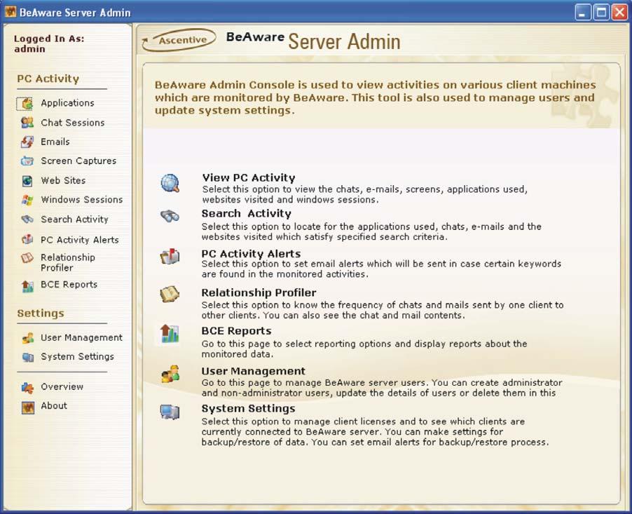 Overview Screen The Overview Screen contains shortcut to all of the tabs under PC Activity & Settings. By default this screen is displayed whenever you log in.