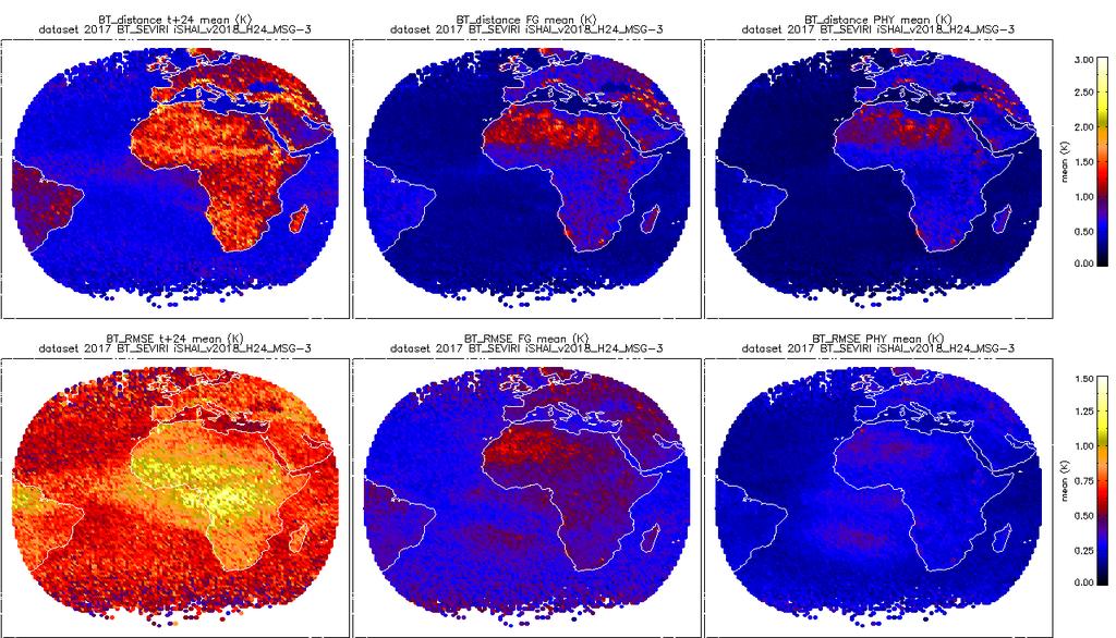 Page: 21/58 Figure 4: BT_SEVIRI case: Spatial distribution of mean BT_distance (top) and BT_RMS (bottom) between real bias corrected SEVIRI BTs and ECMWF analysis synthetic BTs at different steps of