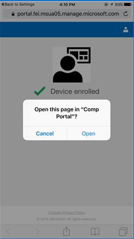 15. When a message displays asking if you want to open the page in the Company Portal, tap Open. 16.
