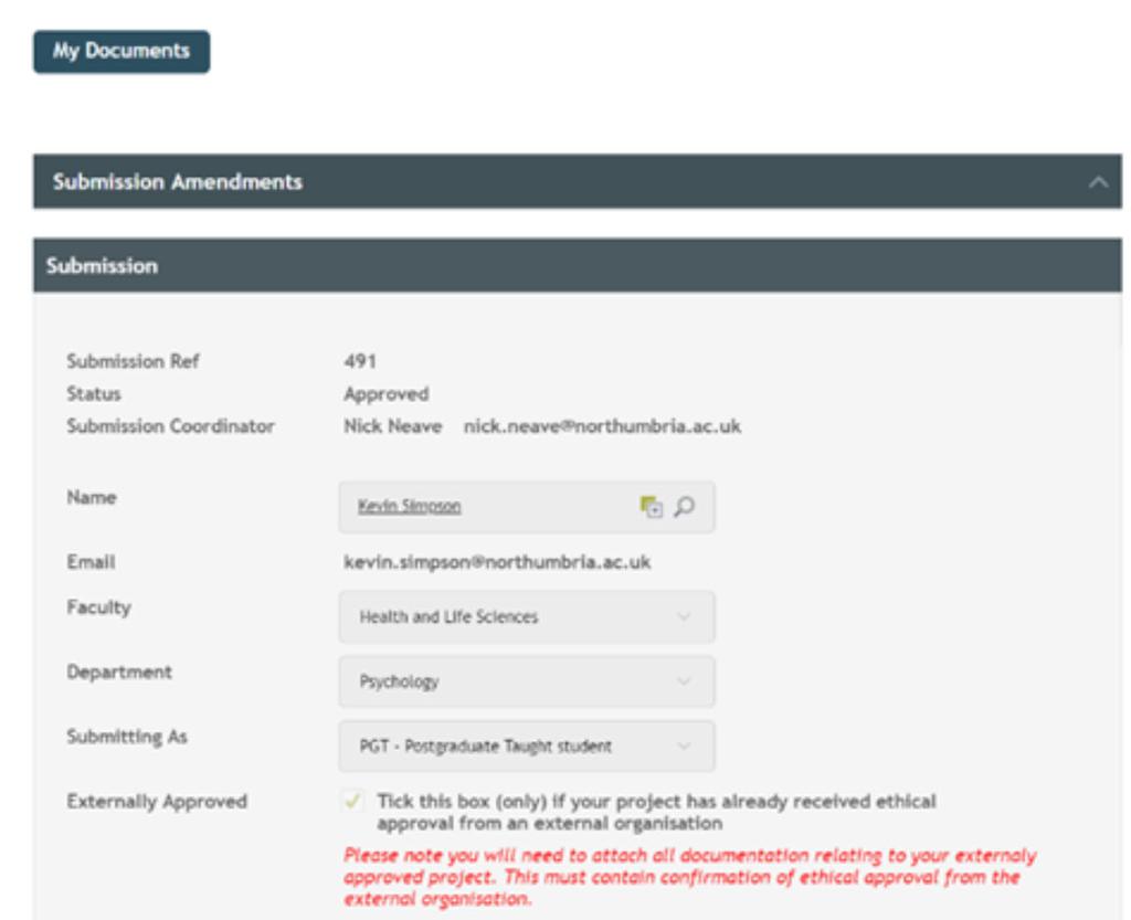 Logging externally approved applications If you have received ethical approval from outside the University (for example