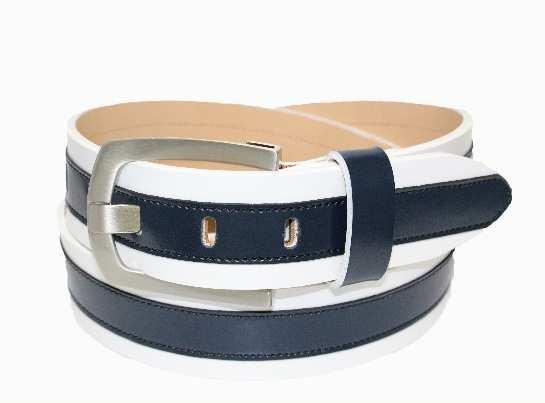 MENS BELTS IN STANDARD SIZING: 34-44 / 85-110 *014147 35mm leather braided edge strap, featuring fabric inlay with satin nickel harness buckle MSRP: $40.