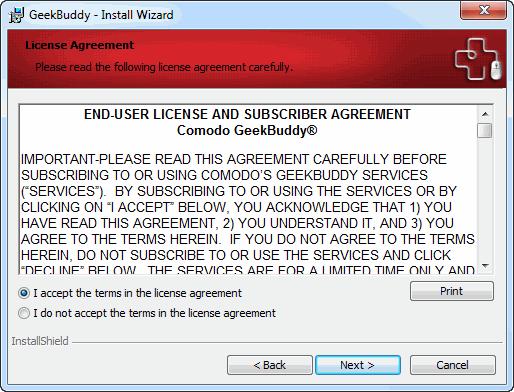 the EULA. Click 'I accept the terms in the license agreement' to continue installation.