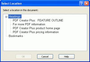 The Select Location dialog displays a tree listing all of the current headings and bookmarks in the project. The current target of the hyperlink, if any, will be highlighted in the tree.