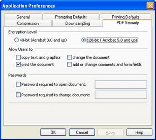 PDF Security Preferences Sets the default security options used to create secure PDF files. Encryption Level Sets the encryption level for Adobe PDF output. 40-bit - can be opened in Acrobat 3.