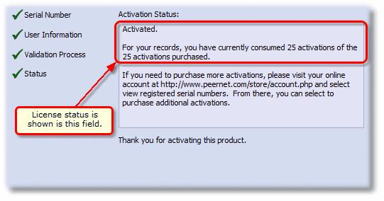Activation Status Results This screen displays your activation status. Once the product is successfully activated, the Activation Status field will display your status as Activated.