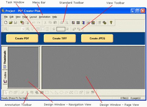 Running and Navigating PDF Creator Plus The PDF Creator Plus user interface consists of a menu bar, four toolbars, a task window, a design window containing a navigation view and a page view, and a