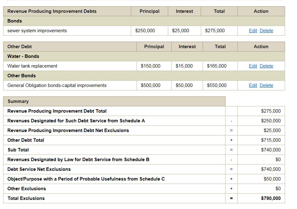 The Debt Exclusions page will also show the summary of total exclusions from all schedules that is reported