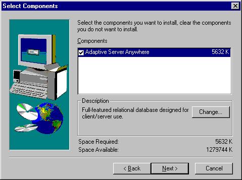 42 24. Select Adaptive Server Anywhere in the Select Components dialog box and click Next. 25. In the Start Copying Files dialog box, review the list of Current Settings.
