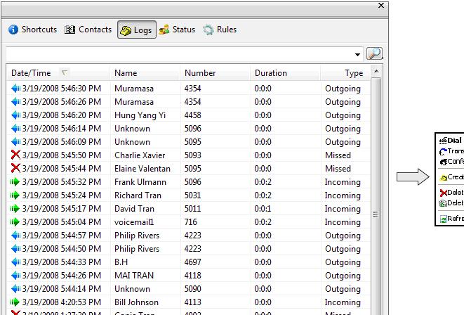 9 Using the Call Log The Cisco Unified CallConnector Call Log view displays a history of the calls that have been made to or from your phone, as shown in the following example.