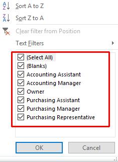 Access 2016 Foundation Page 101. This drop down menu is divided by horizontal lines into three sections, however only the second and third areas of the dialog box apply to filtering.