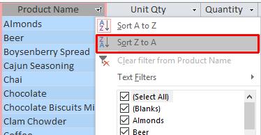Access 2016 Foundation Page 115 Sorting records Z-A To sort in reverse order, repeat the process and select Sort Z to A.