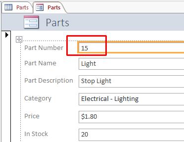 Access 2016 Foundation Page 140 Select the Part Number field. We can easily move fields within a form. To try this, place the pointer in the middle of the highlighted field (i.e. the Part Number field), until the pointer changes to a (crosshair) pointer.