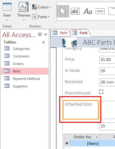 Modifying a form label Click on the Attached Docs label to select the label.