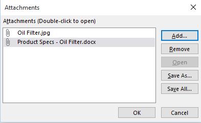The image of the oil filter is still displayed in the Documentation field.