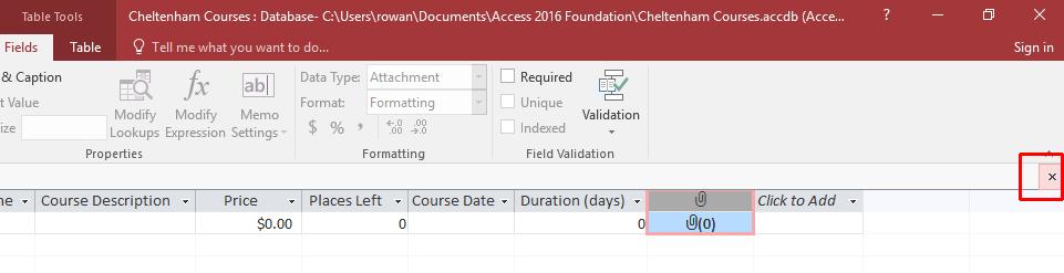 Access 2016 Foundation Page 31 Once you click on the lower Close button you will see