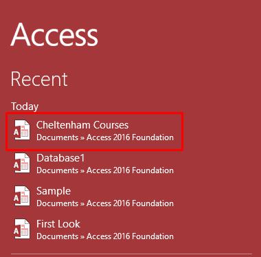 Access 2016 Foundation Page 33 Access 2016 Table Navigation & Modification Opening a table within a database Restart the Access program.