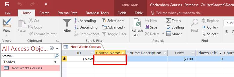 Click in the cell directly under the Course Name header, and you will