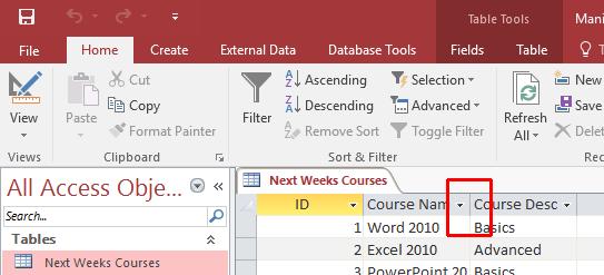 Access 2016 Foundation Page 45 Adjusting the column width Columns can be adjusted by placing the pointer over the thin dividing line between two field names as illustrated.