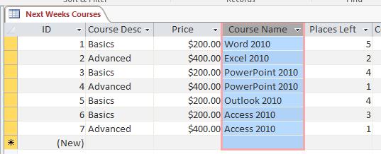 Access 2016 Foundation Page 48 TIP: To move multiple columns in one go, click in the first column and without releasing the mouse button, drag across to the last column of the group you wish to