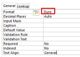 Access 2016 Foundation Page 55 Once selected the format will be marked as Euro, as illustrated.